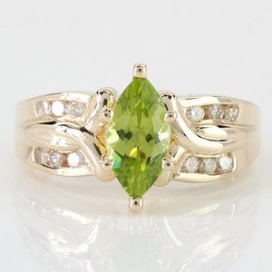 14K Yellow Gold Marquise Green Peridot and Diamond Anniversary / Engagement Ring